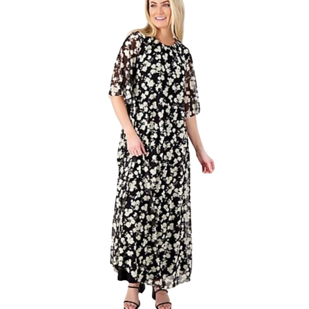 Girl With Curves Petite Mesh Flutter Sleeve Maxi Dress Black Floral NWOT Size LP